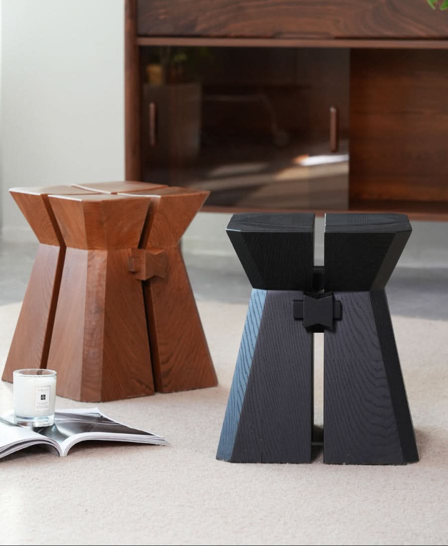 Modern Geometric Wooden Stool in brown and black wood, a stylish home decor accent.